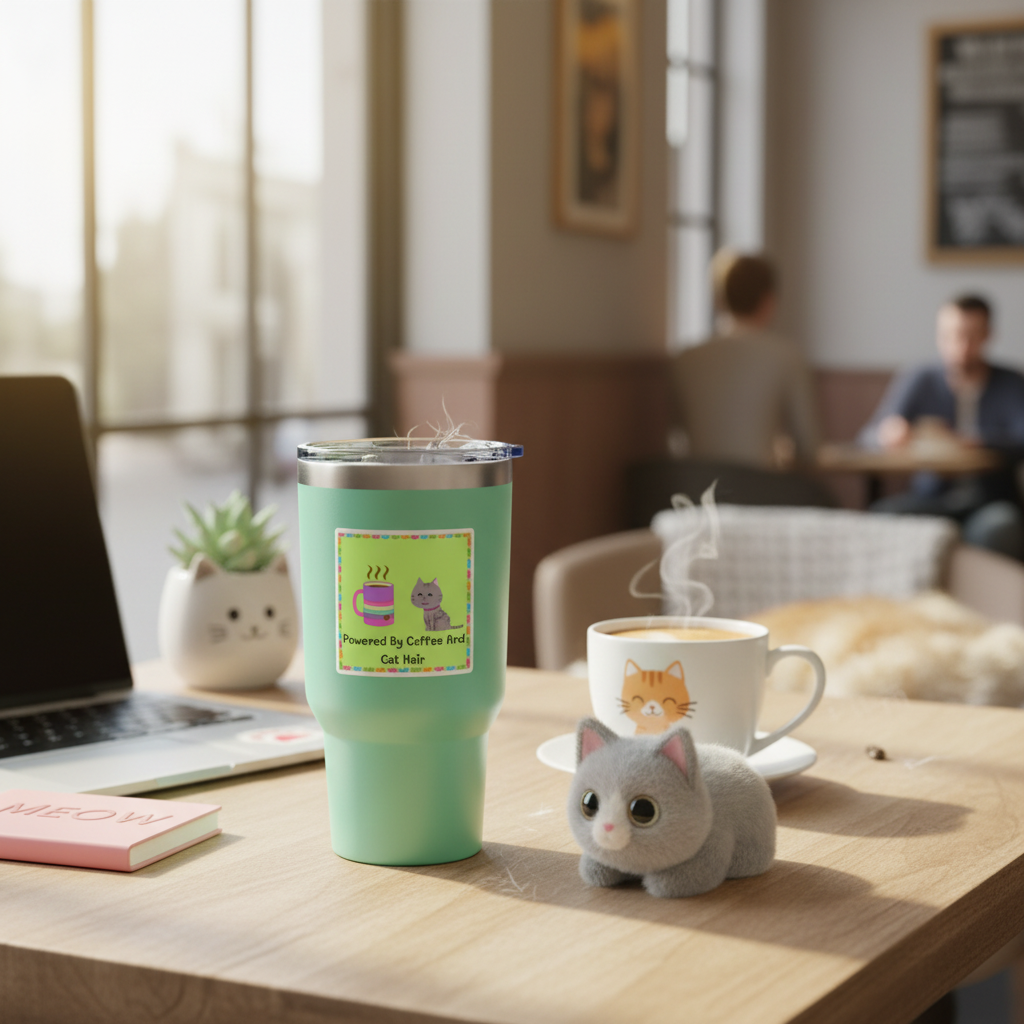 Powered by Coffee and Cat Hair Sticker on Tumbler