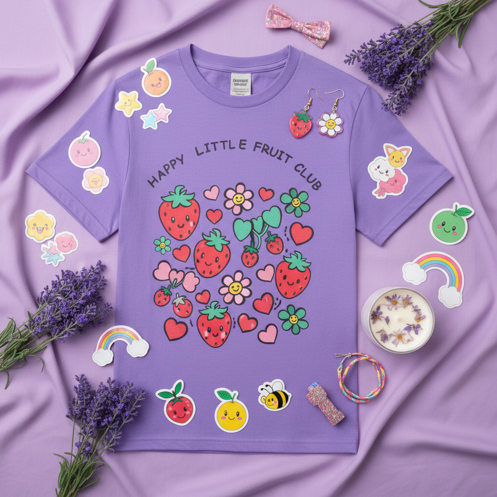 Purple tee flat lay