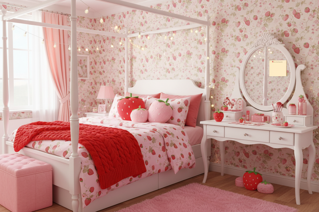 Strawberry room with sticky note on mirror