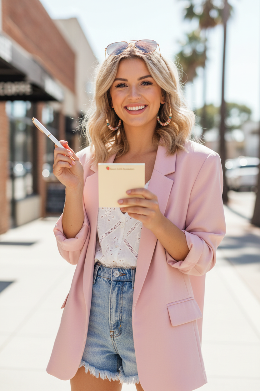 Stylish girl out on the town with sticky note and pen