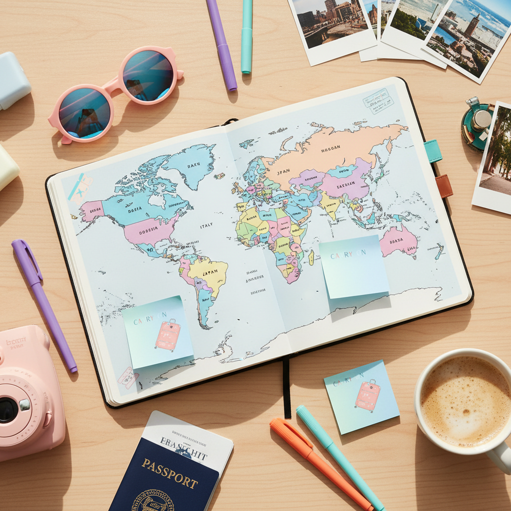 Travel planning scene with map and accessories